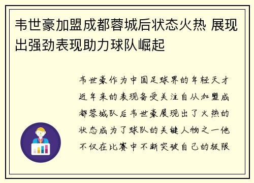 韦世豪加盟成都蓉城后状态火热 展现出强劲表现助力球队崛起
