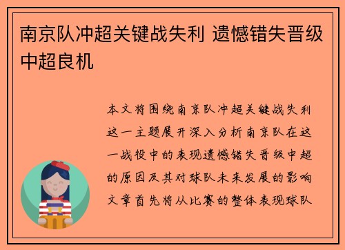 南京队冲超关键战失利 遗憾错失晋级中超良机
