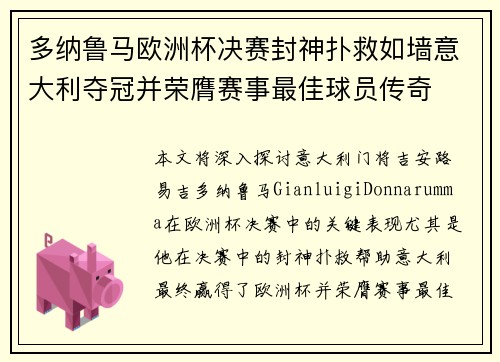 多纳鲁马欧洲杯决赛封神扑救如墙意大利夺冠并荣膺赛事最佳球员传奇